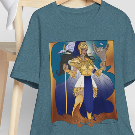 Show your admiration for the goddess of wisdom and warfare with our exclusive Athena t-shirt, inspired byMyth & Magic's YouTube video that delves into her fascinating origins and epic tales. This high-quality tee features a striking design that captures At